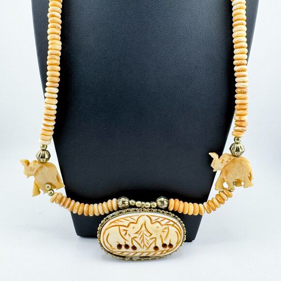 Carved Elephant Pendant Necklace Tribal Ethnic Organic Bead Brass Tone Statement - Picture 7 of 11